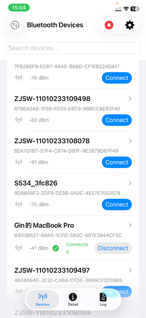 A screen showing a list of scanned Bluetooth devices with signal strength in dBm and connection buttons
