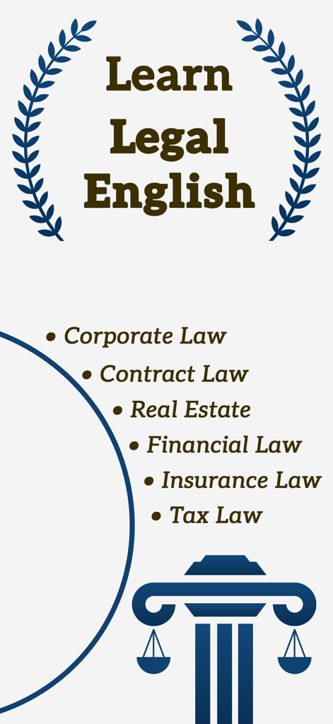 Legal English: Learn Words - Écran promotionnel de l'application d'apprentissage de l'anglais juridique listant des catégories comme le droit des sociétés et le droit des contrats avec une icône de justice