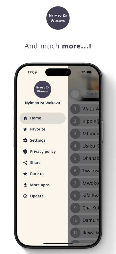Nyimbo za Wokovu (MPYA) - Smartphone screen displaying the side navigation menu of the Nyimbo za Wokovu Swahili hymn app.