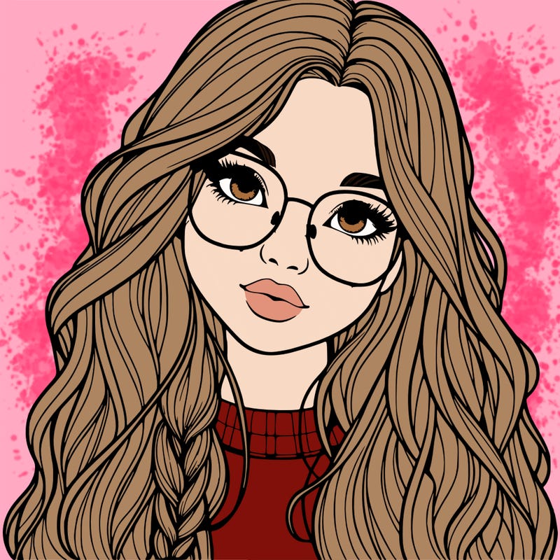 girl with long hair and freckles and glasses realistic