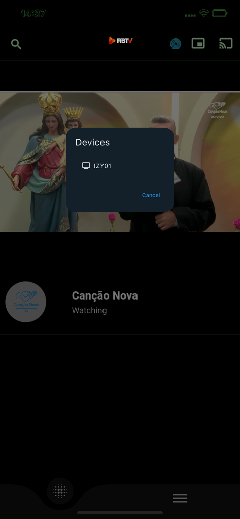 RBTV - Interfaccia dell'app RBTV che mostra un menu di selezione del dispositivo per lo screen casting su una trasmissione in diretta.