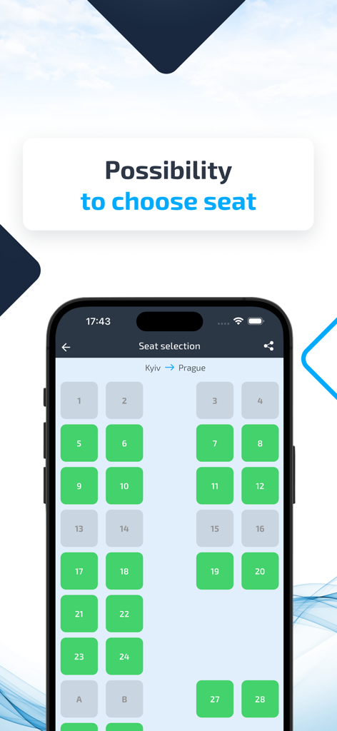 INFOBUS: Bus, train, flight - バスの座席選択画面。デジタル座席マップが表示されています