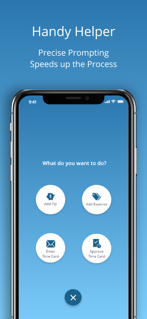uAttend - Pantalla de la aplicación móvil uAttend que muestra botones de acción rápida para agregar propinas, agregar gastos, enviar hojas de tiempo por correo electrónico y aprobar hojas de tiempo