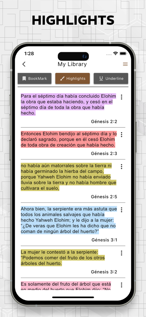 Biblia Israelita Nazarena, VIN - Biblia Israelita Nazarena app highlights screen showing colored Bible verses