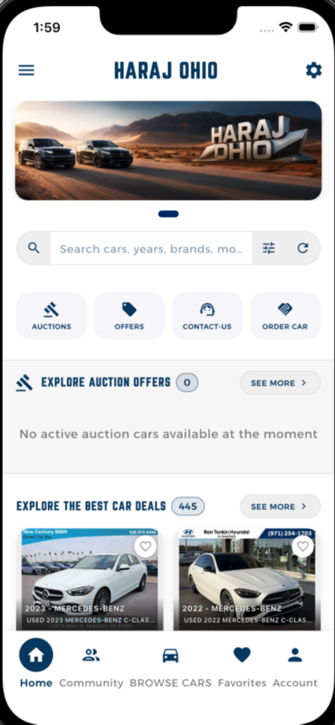 HARAJOHIO CARS - Home screen of Haraj Ohio Cars app with car listings and auction buttons