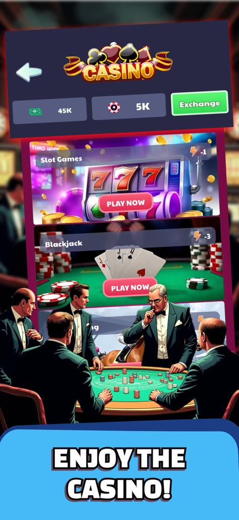In game casino menu featuring slot machines and blackjack games
