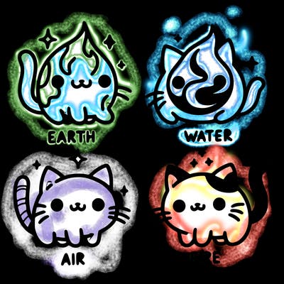 4 cats that represent the different elements, earth, water, air, and fire