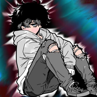 a male hoddie ripped jeans messy hair anime