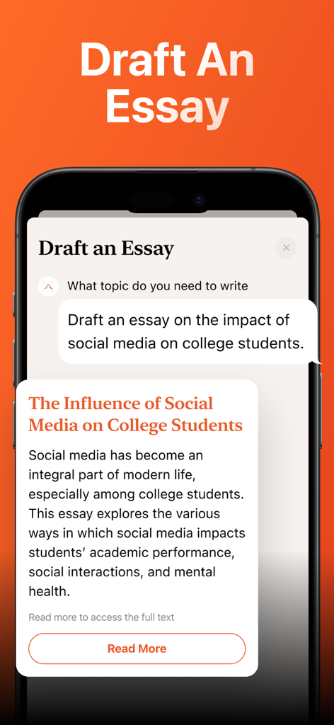 AI Solver app interface showing the Draft an Essay feature for college students.