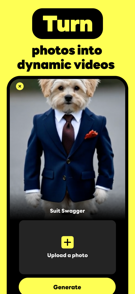 Pika Labs - AI Video - Écran de l'application Pika Labs démontrant la conversion de photo en vidéo avec un chien portant un costume.