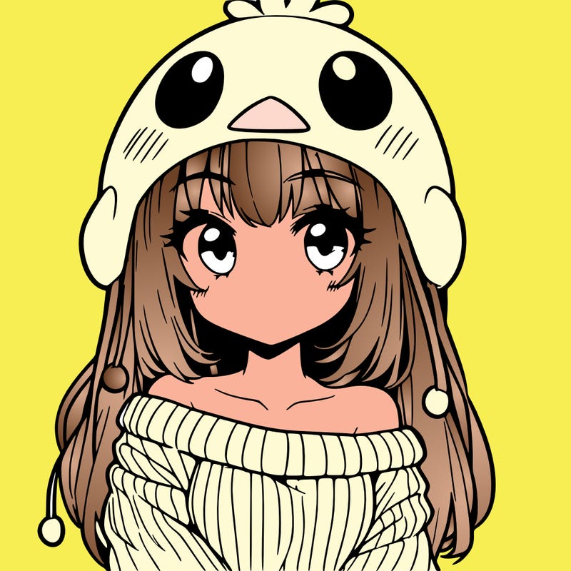 anime girl with chick shaped hat with sweater with bare shoulders with bangs covering them one eye with low tail