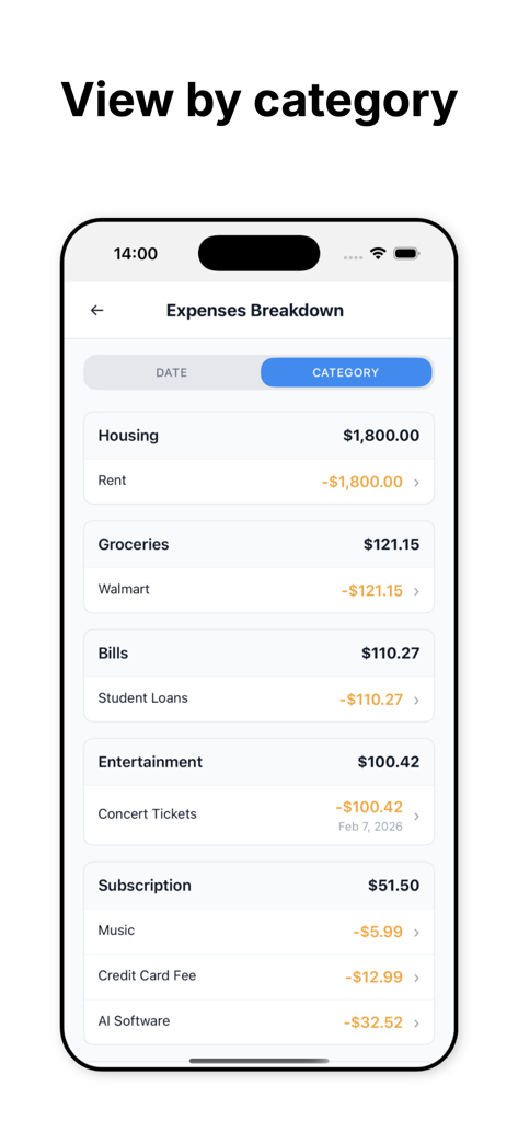 Budget App - TapSheet - TapSheet app interface showing a monthly expenses breakdown categorized by housing, groceries, bills, entertainment, and subscriptions.