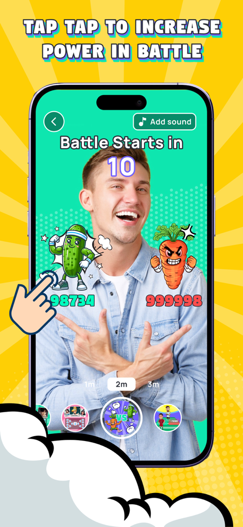 A man playing a tap to battle AR filter challenge with a muscular cucumber and an angry carrot