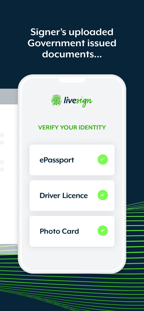 livesign - doc signing & VOI - Schermata dell'app Livesign che mostra la verifica dell'identità con documenti governativi come ePassaporto e patente di guida.