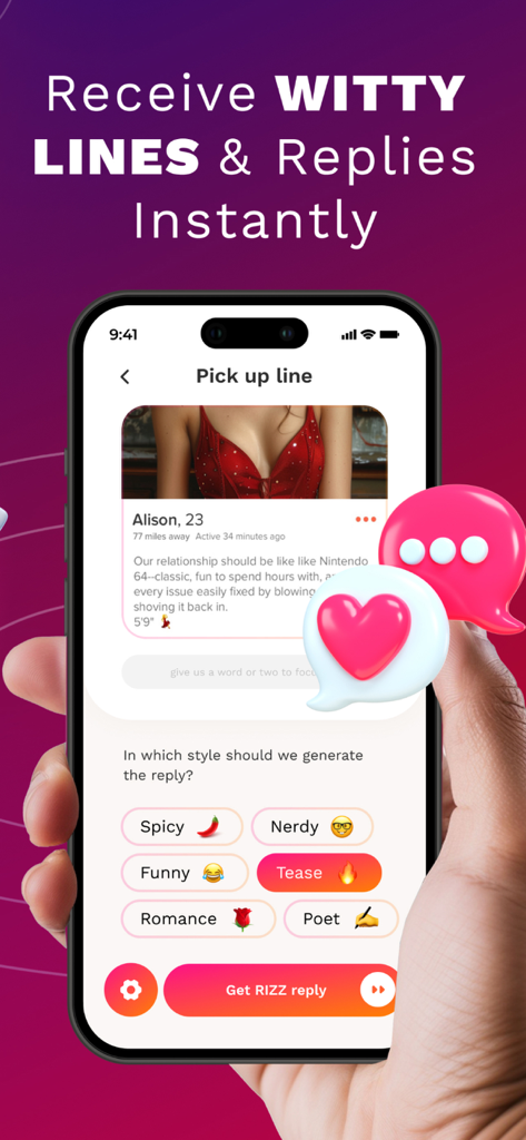 Rizz Up - AI Wingman Chat App - Un smartphone mostrando la interfaz de la aplicación Rizz Up para generar respuestas de citas impulsadas por IA con varias opciones de estilo como picante, divertido y romántico