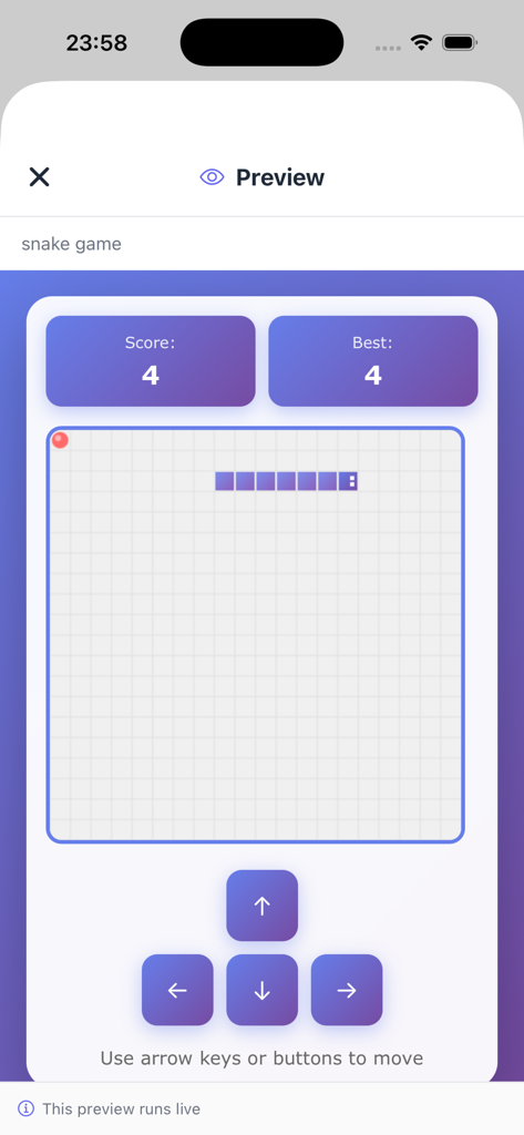 Neyse - A mobile screen showing a live preview of a snake game generated by Neyse AI app builder
