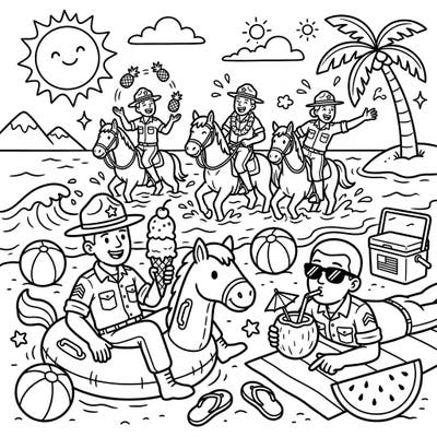 Saddle up for a summer vacation like no other with our hilarious cavalry soldiers! This unique coloring page brings together mounted military personnel and a fun-filled beach party, perfect for a whimsical escape.