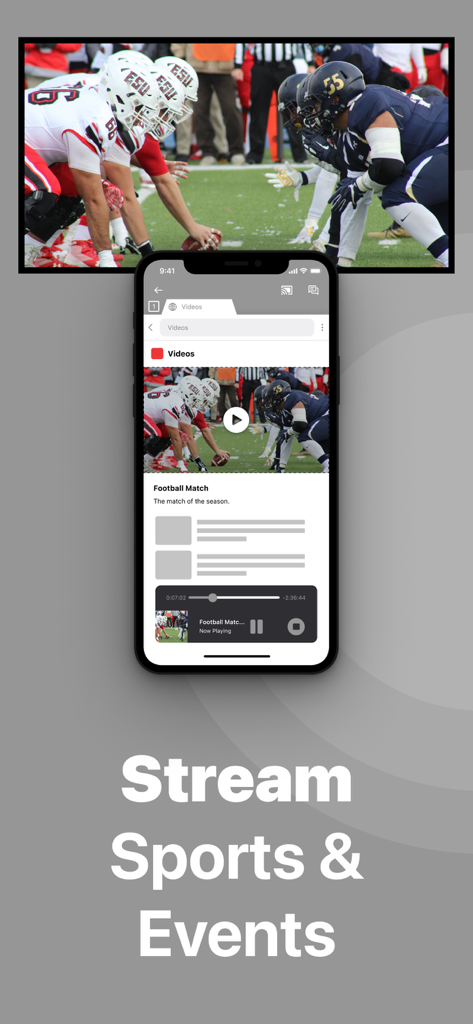 Tela do iPhone espelhando um evento esportivo para uma TV através do aplicativo Chromecast