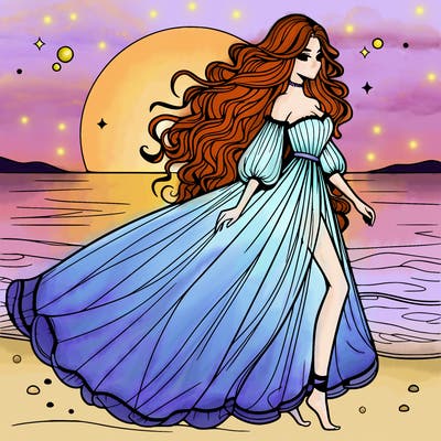 beautiful woman with a vaporous long dress walking on the beach at the noon, detailed art