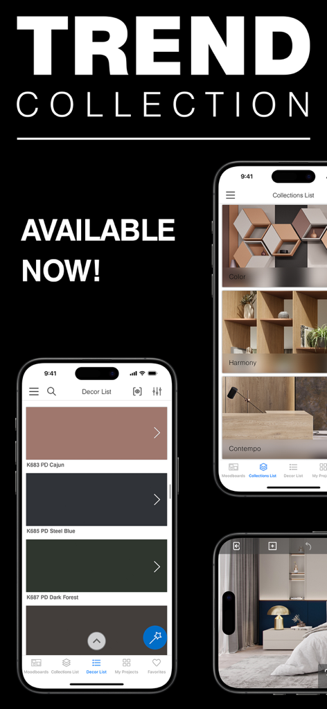 Kronodesign - Kronodesignモバイルアプリのインターフェース。インテリアデザインのトレンドコレクションとデコールリストが表示されています。