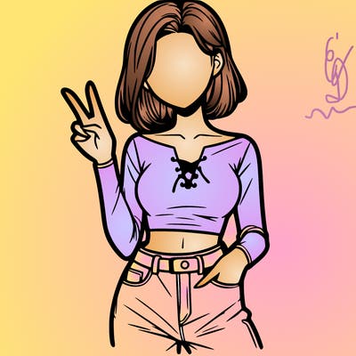 a girl with no face a crop top and jeans with a peace sign