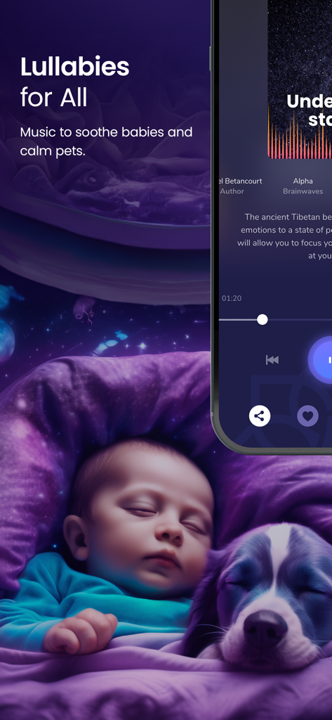 Aloharmony - Un bebé durmiendo y un cachorro junto a un texto sobre música relajante para bebés y mascotas.