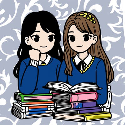 two teen girls reading lots of books