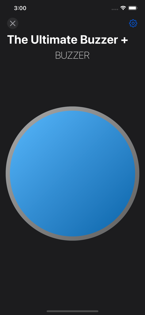 Un gran botón de buzzer circular azul en el centro de una interfaz móvil oscura etiquetada The Ultimate Buzzer.