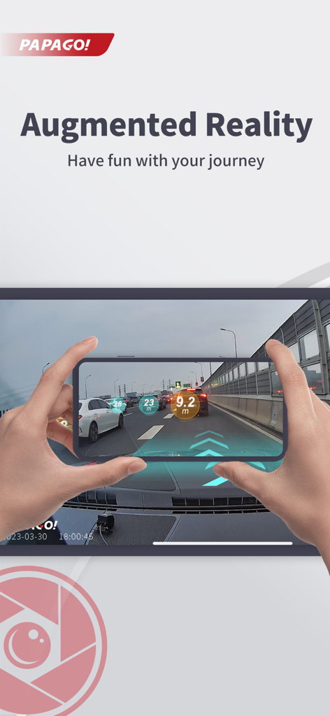 Smartphone displaying the PAPAGO Focus augmented reality feature with distance markers for vehicles on the road