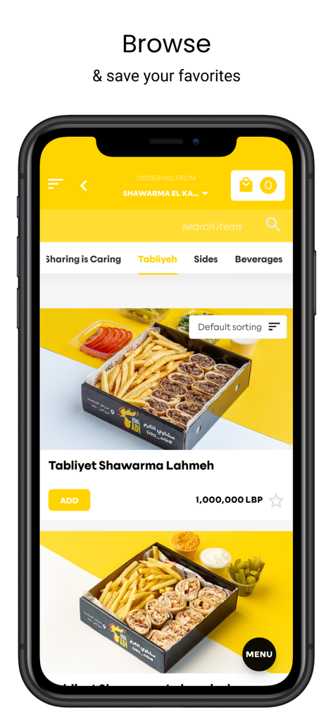King Fadi - King Fadi app menu screen showing Shawarma Lahmeh platter and food categories