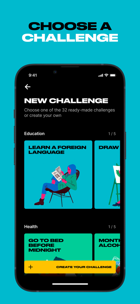 Interface of ChallengeUp app showing various habit challenges like learning a language and health goals