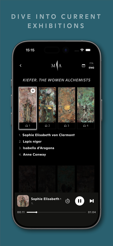 Marsilio Arte - Marsilio Arte mobile app showing an audio guide interface for an art exhibition with playback controls