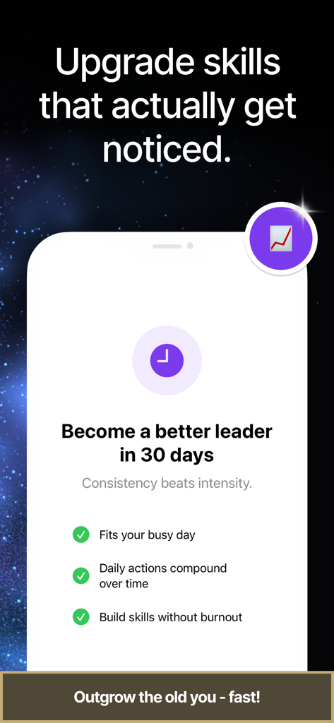 Skillbase AI Soft Skills Coach - Interface do aplicativo Skillbase AI mostrando os benefícios do treinamento de liderança e um plano de crescimento de 30 dias