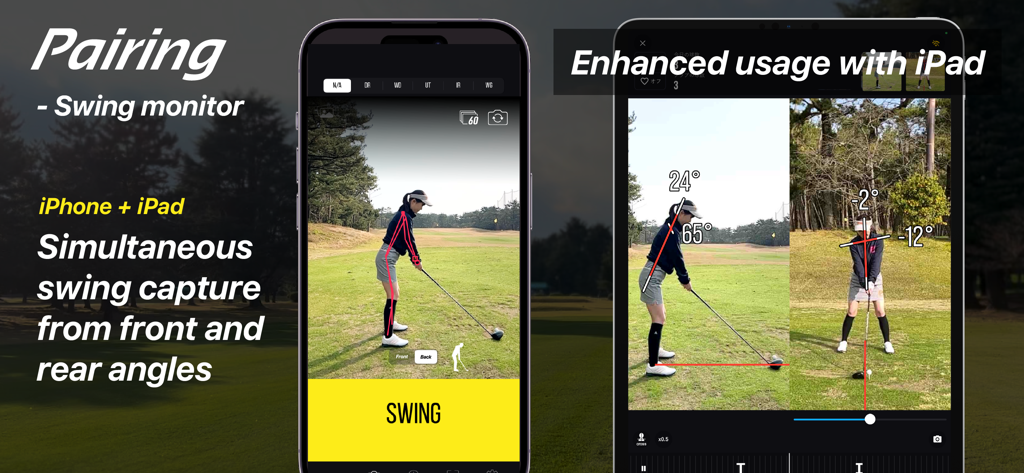 Golfboy:Launch Monitor - La aplicación Golfboy demuestra la captura simultánea de swings de golf desde ángulos frontal y trasero utilizando un iPhone y un iPad emparejados.