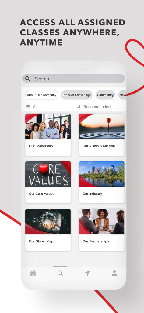 Learner Mobile app interface showing a grid of corporate training classes including leadership and core values.