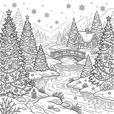 Journey to a serene winter wonderland with this captivating Misty River Christmas coloring page. Discover a cozy cabin nestled amidst snow-covered pines, all ready for your creative touch this holiday season.