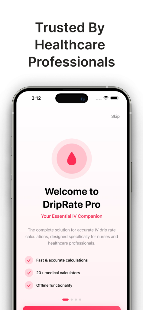 Drip Rate Infusion Calculator - DripRate Pro medical calculator welcome screen for healthcare professionals