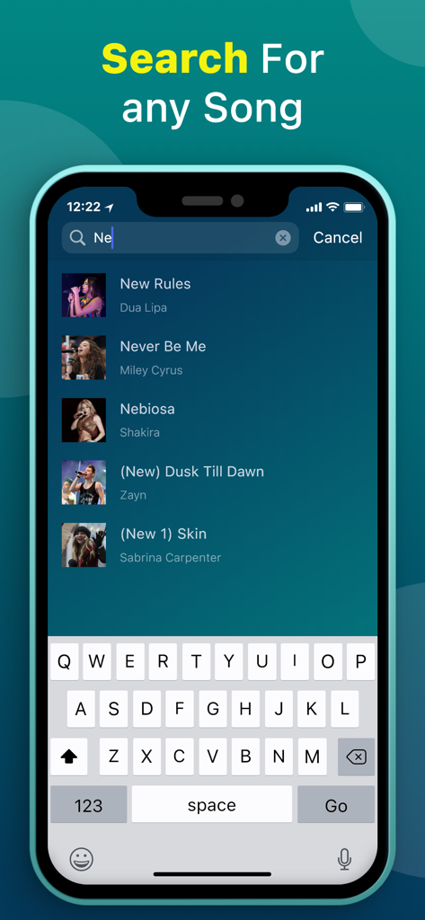 La fonction de recherche intelligente de l'application Lecteur de musique hors ligne affichant une liste de chansons avec les noms des artistes et la pochette de l'album.