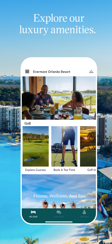 Evermore Resort - Evermore Resort app interface showing options for dining, golf booking, and fitness services.