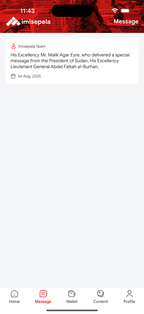 Screenshot of the Imisepela app message screen displaying a official notification about a diplomatic message from the President of Sudan.