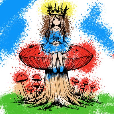 realistic girl sitting on a huge tree stump size toadstool with thorn crown