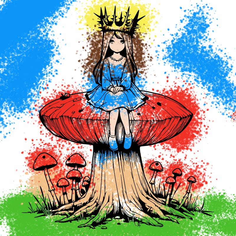 realistic girl sitting on a huge tree stump size toadstool with thorn crown
