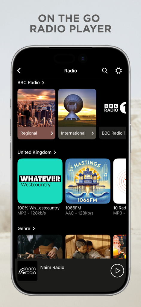 Focal & Naim - Focal and Naim mobile app interface displaying local and international radio stations on an iPhone