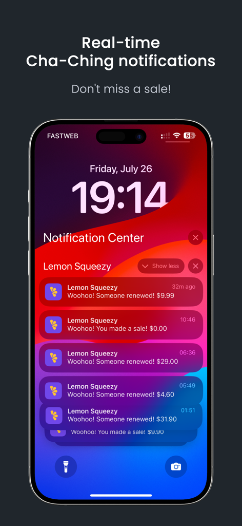 Lemon Squeeze - Pantalla de bloqueo de iPhone que muestra notificaciones de ventas en tiempo real y renovaciones de suscripción de la aplicación Lemon Squeeze.