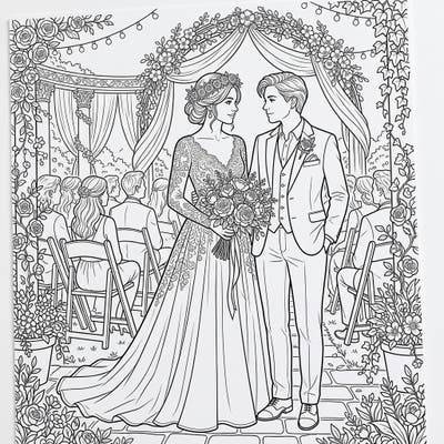 Capture the magic of a timeless wedding celebration with this beautifully detailed coloring page. Bring to life the joyous union of a happy couple surrounded by their cherished guests and elegant floral arrangements.