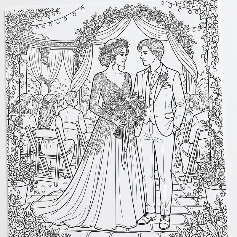 Capture the magic of a timeless wedding celebration with this beautifully detailed coloring page. Bring to life the joyous union of a happy couple surrounded by their cherished guests and elegant floral arrangements.