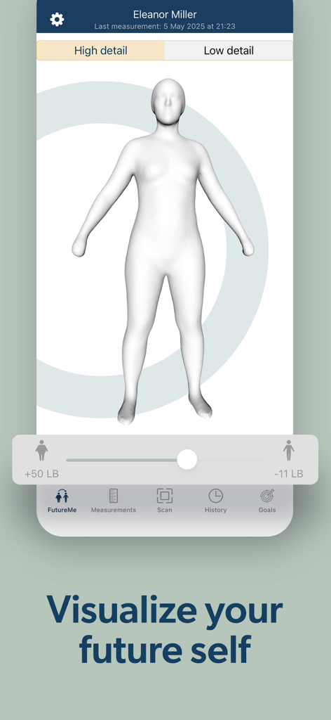 MeThreeSixty: 3D Body Scanner - MeThreeSixtyアプリのFutureMe可視化機能を​​示す3Dボディアバター