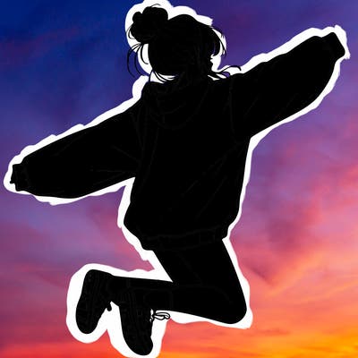 realistic girl jumping with a bun and oversized sweatshirt