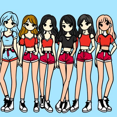a group of girls wearing crop tops and shorts