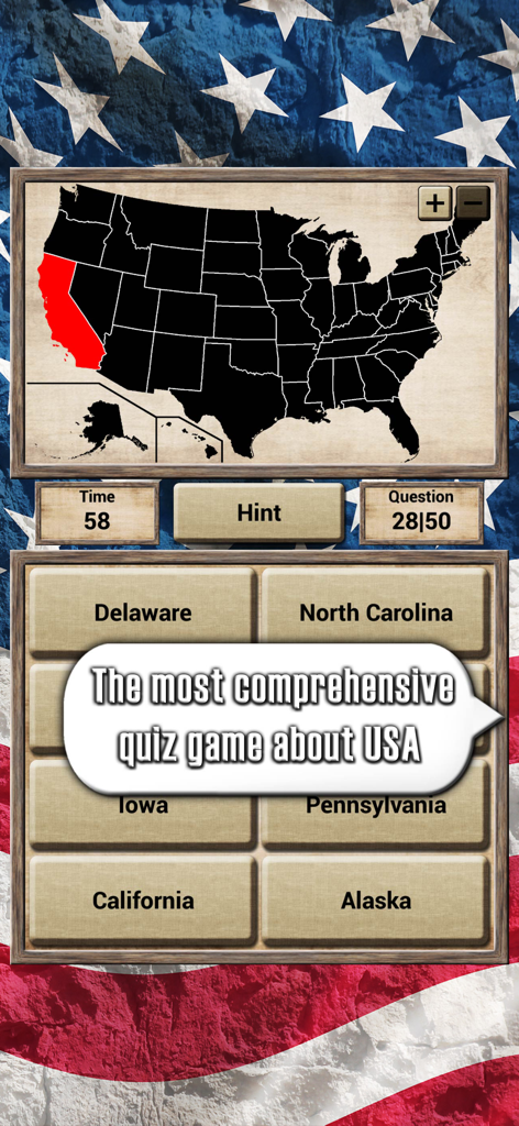 A screenshot of the USA Geography Quiz Game showing a map with California highlighted and multiple choice state options.